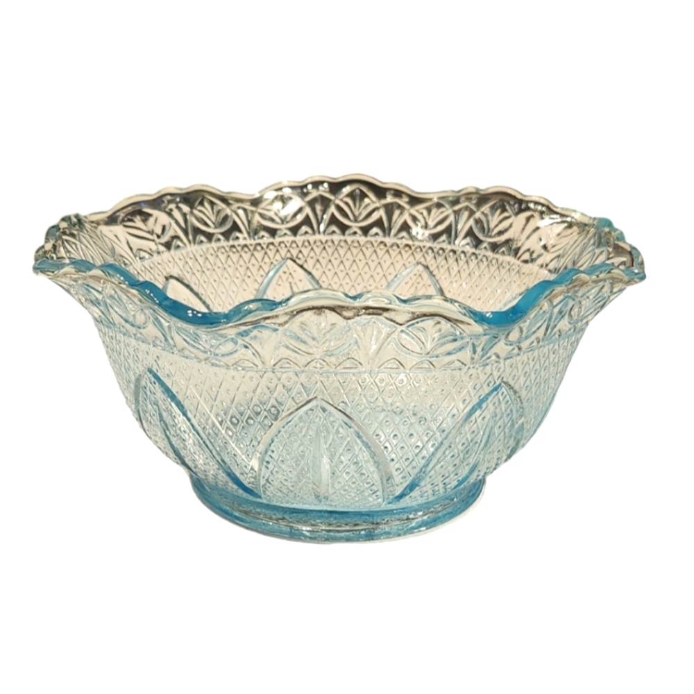 Vintage Princess House Capri Blue Ruffled Scalloped Rim Glass Serving Bowl